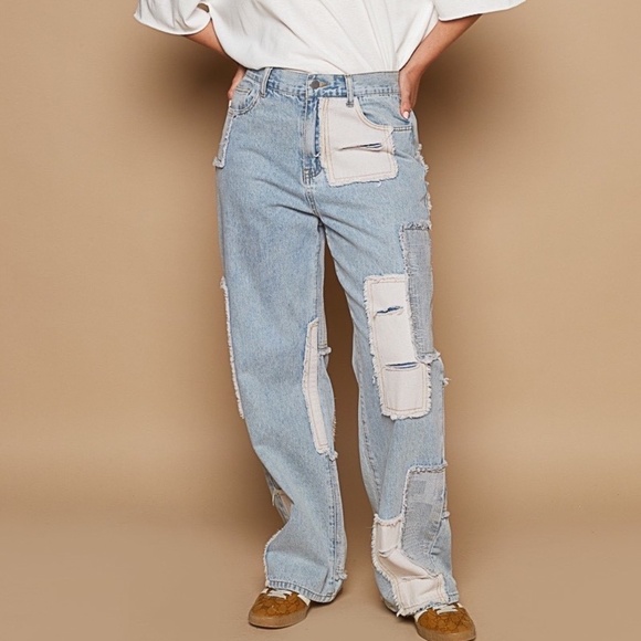 New POL Denim Blue Distressed Relaxed Fit Pants Boho Pants Denim Jeans Patches - Picture 1 of 9